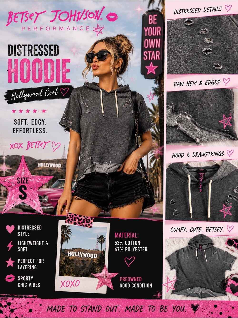 Betsey Johnson Performance Distressed Short Sleeve Hoodie – Size S